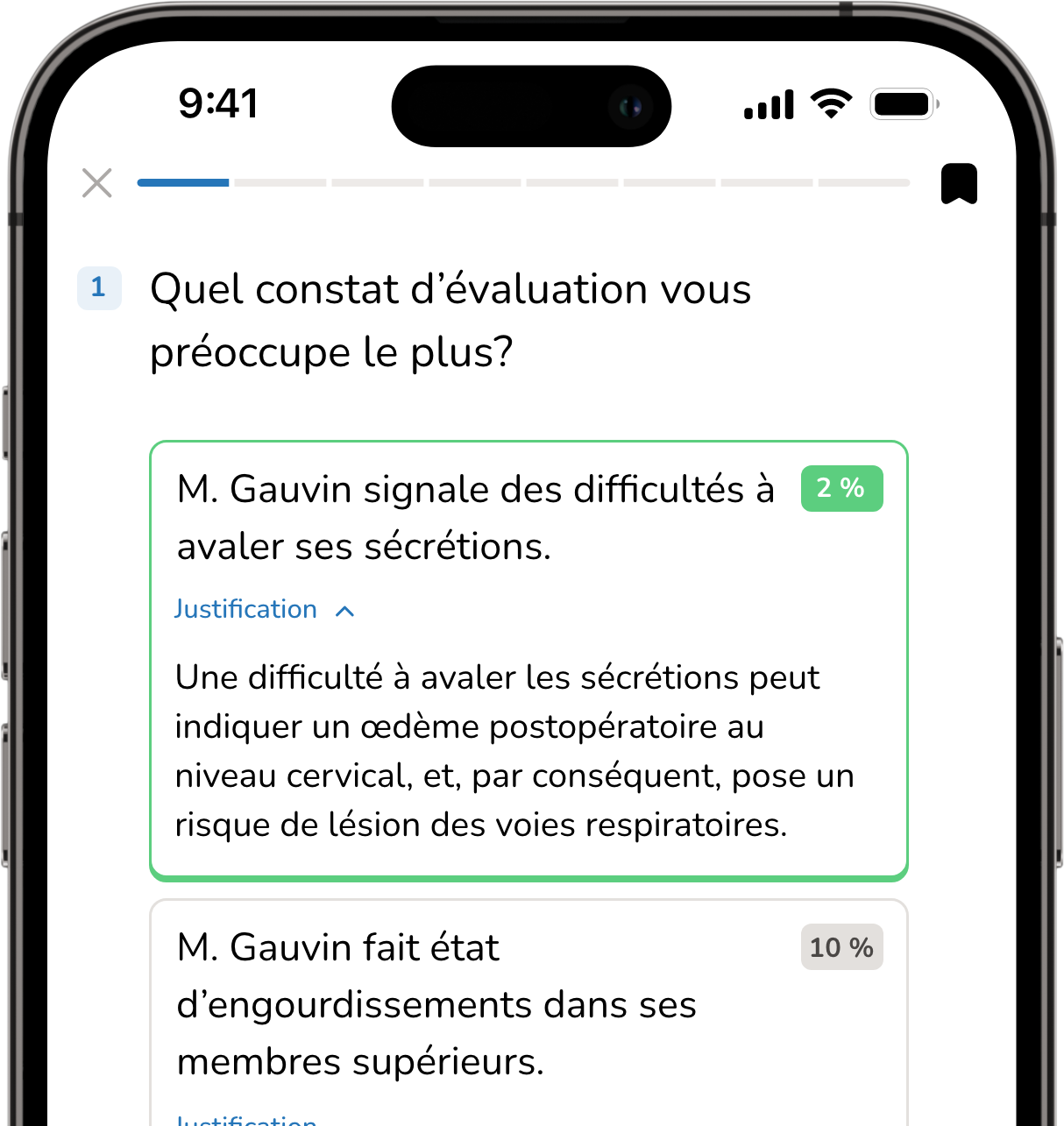 Capture d’écran d’un quiz de préparation infirmière dans l’application Inf. de poche